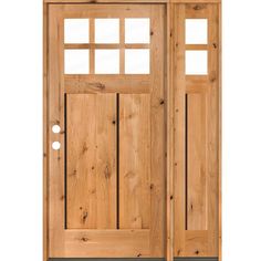 a wooden door with two sidelights on the front and side panels, in light wood