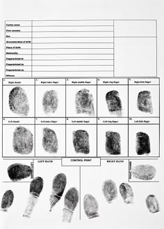 fingerprints are arranged in rows on a white paper with black and white ink