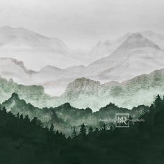 a painting of mountains with trees in the foreground and foggy sky above them