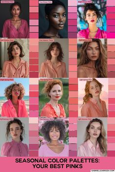 12 seasonal color palette pinks, lipstick ideas, and examples of your best pinks | wow colors | pinks for each palette: dark winter, true winter, bright winter, bright spring, true spring, light spring, light summer, true summer, soft summer, soft autumn, true autumn, dark autumn | lipstick colors Soft Spring Color Palette Outfits, Warm Pink Color Palette, Soft Summer Lipstick Colors, Soft Autumn Outfit Ideas, Dark Autumn Lipstick, Autumn Lipstick Colors, True Spring Color Palette Outfits, Soft Summer Pink, Light Summer Color Palette Outfits