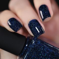 You Up Deep Navy Blue Holographic Nail Polish - Etsy Navy Blue Dress Nails Color Combos, Navy Blue Nails Gel Short, Navy Blue With Glitter Nails, Blue Nails Colors, Navy Blue Dip Nail Ideas, Midnight Blue Nails Aesthetic, Midnight Blue Nail Polish, Best Nail Color With Navy Dress, Navy Blue Nails With Silver Design