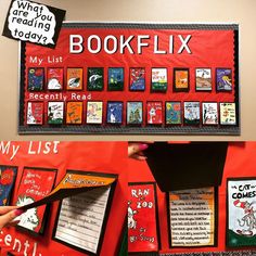 a bulletin board with books on it that says, bookflix my list and my list