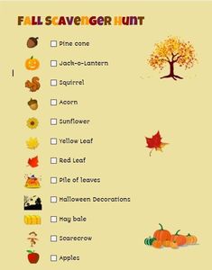 a fall scavenger hunt with pumpkins, leaves and acorns on it