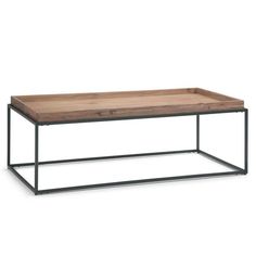 a wooden table with metal legs and a tray on the top that is made from wood