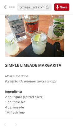 the recipe for simple limeade margarita is shown in this screenshoto screen shot