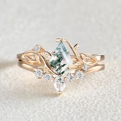 Unique Kite Cut Moss Agate Leafy Bridal Ring Sets  - Aurora,rose gold ring for women gift Magical Looking Engagement Rings, Fairy Vibe Engagement Ring, Fancy Engagement Ring, Moss Rings Engagement, Engagement Rings Non Traditional Stones, Medieval Engagement Rings, Mystical Engagement Ring, Forest Engagement Ring, Fairy Engagement Rings