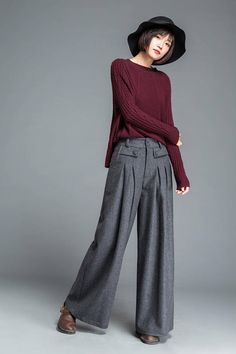 Long pants, pleated pants, winter trousers, gray wool trousers, wide leg pants, maxi pants, winter p Wide Leg Pants Outfit, Autumn Outwear, Maxi Pants, Winter Trousers, Leg Pants Outfit, Winter Pants, Gray Pants