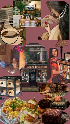 a collage of pictures with food, coffee and other things on it's side