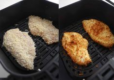 two pictures of chicken being cooked in a frying pan with grated parmesan cheese