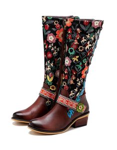 Handmade Floral Vintage Long Boots 36-42 — Obiono Bohemian Knee-high Leather Boots, Bohemian Multicolor Boots For Festivals, Multicolor Bohemian Boots For Festivals, Bohemian Mid-calf Boots With Round Toe For Fall, Bohemian Mid-calf Boots For Fall, Bohemian Leather Boots For Winter, Bohemian Leather Knee-high Boots, Bohemian Knee-high Boots For Fall, Bohemian Knee-high Boots For Festivals