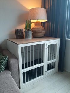 Create a haven of comfort and relaxation for your furry friend with our inviting Cozy Cabins, offering ultimate warmth, plushness, and serenity for your canine companion. Indoor Dog Crate Furniture, Diy Dog Crate Desk, Dog Area In Living Room, Homemade Dog Crate, Indoor Dog Area Ideas, Pet Room Ideas Cats, Dog Cage Decoration Ideas, Puppy Crate Ideas