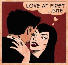 an illustration of a man kissing a woman's forehead with the words love at first bite above it