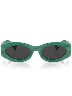 fern green acetate oval frame tinted lenses UV-protective lenses logo plaque at the arm curved tips These glasses come with a protective case.