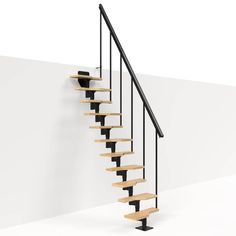 a set of stairs with wooden treads and black handrail against a white wall