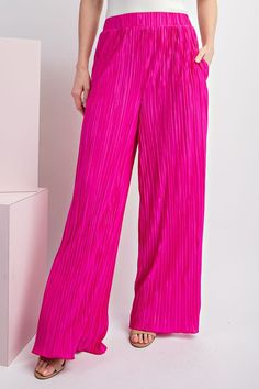 Solid full length pants featuring an elastic waistband, two side hip pockets, is a straight leg style and is lightweight, flowy material. Available in black, hot pink, and oatmeal. 100% Polyester Pleated Pant, Black Wardrobe, Color Blocking Outfits, Denim Maxi Dress, Metallic Skirt, Runway Trends, Curvy Jeans, Curvy Dress, Pleated Pants