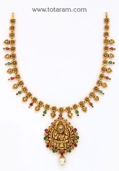 22 Karat Gold 'Lakshmi' Necklace with Ruby , Emeralds & Japanese Culture Pearls (Temple Jewellery)  - 235-GN4033 - in 21.150 Grams for USD $1761.08. 
Made in India by Totaram Jewelers Online this product is in Gold - 22 Karat BIS Hallmark 916 KDM Gold  & is an excellent gift for Adult - Women. Ships fully insured with secured guaranteed delivery for free with your order over $250 from New Jersey USA & comes with 30 days exchange policy. Festive Round Temple Necklace, Luxury Temple Jewelry Beads For Festive Season, Luxury Hallmarked Temple Necklace For Celebration, 22k Gold Necklace, Temple Jewelry Necklace, Gold Temple Jewellery, Temple Jewellery, Gifts For Adults, Japanese Culture