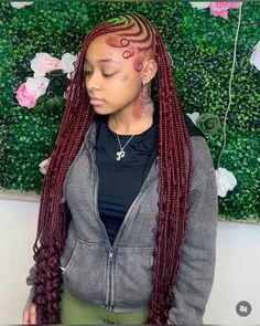 #braids Braided Red Hairstyles For Black Women, One Side Braids Hairstyle, Burgundy Straight Back Braids, Jumbo Burgundy Knotless Braids, Burgundy Braid Hairstyles, Burgandy Braids Hairstyles, Fulani Braids Red Hair, Dark Burgundy Knotless Braids, Burgundy Braids Hairstyles