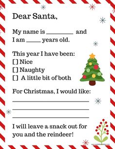 a christmas letter to santa with the words dear santa, and an image of a tree