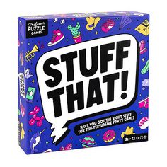 the game stuff that is in front of a blue box with words and pictures on it