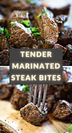 tender marinated steak bites on a cutting board with the title text overlay reads tender marinated steak bites