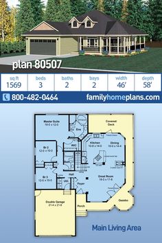 two story house plan with 3 bedroom and 2 bathrooms in the front, an open floor plan