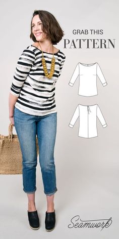 a woman in striped shirt and jeans holding a straw bag with her hand on her hip