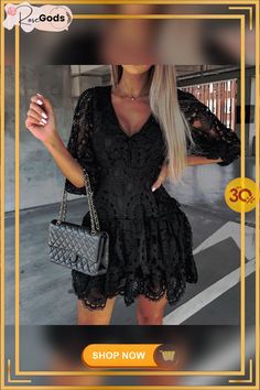 Female Autumn Solid Crochet Slim Draped Dress Sexy Deep V Neck Half Sleeve Mini Dress Elegant Embroidery Lace Hollow Party Dress Mini Dress Elegant, Elegant Embroidery, Singapore Malaysia, Puff Sleeve Dresses, Embroidery Lace, Draped Dress, Dress Elegant, Mini Dress With Sleeves, Above Knee