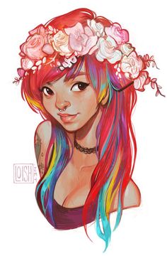 a drawing of a girl with flowers in her hair and wearing a flower crown on her head