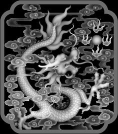 a black and white image of a dragon with clouds in the background, on a dark background