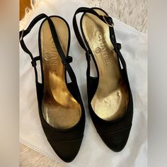 Beautiful Chanel Satin Slingback Pumps. Clean, Light Scuffs At Soles; Light Mark At Insoles. Authentic - Purchased From The Real Real - Sadly Purchased Wrong Size. Smoke-Free Household. Sling Back Kitten Heels, Shoes Chanel, Satin Shoes, Real Real, Slingback Heels, Slingback Heel, Chanel Black, Sling Back, Slingback Pump