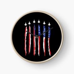 an american flag clock with stars and stripes on the front, in red white and blue