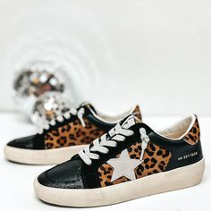 Vintage Havana | Elodie Sneakers in Black and Leopard Print | Trendy pieces for all shapes and sizes. Vintage Havana Sneakers, No Tie Laces, Black Tennis Shoes, Leopard Print Sneakers, Leopard Sneakers, Vintage Tennis, Gold Sneakers, Vintage Havana, White Star