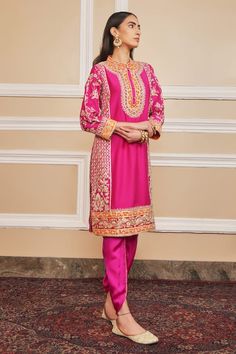 Hot pink short kurta with Kashmiri tilla, gota applique embroidery in floral pattern. Paired with dhoti pant. - Aza Fashions Katan Silk Kurta With Dabka Work In Traditional Drape, Traditional Palazzo Set With Dabka For Festive Occasions, Navratri Raw Silk Palazzo Set With Dabka Detailing, Dabka Embellished Katan Silk Traditional Wear For Festivals, Festival Katan Silk Traditional Wear With Dabka, Festival Traditional Wear In Katan Silk With Dabka, Shantoon Kurta With Dabka For Navratri, Dabka Embroidered Katan Silk Saree, Katan Silk Salwar Kameez With Dabka For Diwali