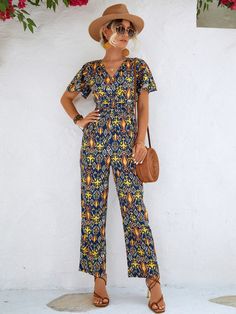 Printed V-Neck Flutter Sleeve Jumpsuit Women Jumpsuit, Cheap Clothing, Picture Style, Knit Infinity Scarf, Jumpsuit With Sleeves, Printed Jumpsuit, Flutter Sleeves, Basic Style, Long Sleeve Cardigan