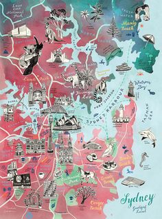 an illustrated map of sydney, australia in pink and blue watercolors with birds flying over it