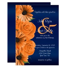 an orange and blue wedding card with flowers