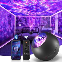 an image of a room that is decorated in purple and blue colors with remotes