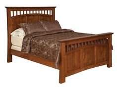 a bed with wooden headboard and foot board, made in wood grained finish