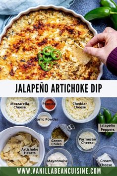 baking dish with jalapeño artichoke dip with hand reaching in with chip to dip on top of photo of ingredients needed for this recipe Hot Artichoke Dip, Hot Pepper Recipes, Baked Dips, Baked Artichoke, Artichoke Dip Recipe, Party Appetizer, Paleo Snacks, Artichoke Dip, Super Bowl Food