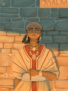 a painting of a woman standing in front of a brick wall with her eyes closed