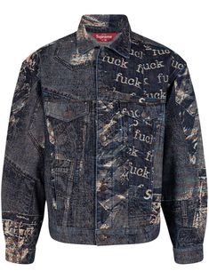 blue cotton denim distressed finish all-over graphic print logo patch to the rear classic collar front button fastening long sleeves two chest patch pockets When buying this unisex item, keep in mind that it is graded in standard men's sizing Supreme Clothing, Affliction Clothing, Shoes Outfit Fashion, Concept Clothing, City Shorts, Acid Wash Jeans, Trucker Jacket, Light Jacket, Print Logo