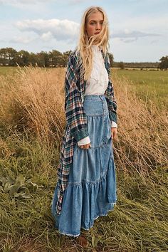 "DIY Distressed Denim Skirt: A Step-by-Step Guide" Boho Denim Flannel Skirt, Overalls From Maxi Skirt, Prairie Skirt