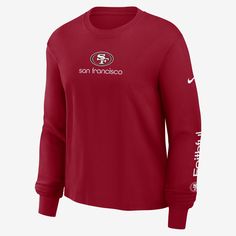 Made with bold team details and soft cotton fabric, this Boxy T-Shirt helps you comfortably support the San Francisco 49ers in cooler weather. Nike Sports Fan Tops For Streetwear, Nike University Red Tops For Sports Season, Nike Long Sleeve Top For Game Day, Nike University Red Long Sleeve Tops, 49er Shirts Vinyl, 49ers Shirts Woman, 49ers Clothes, Vintage 49ers Sweatshirt, 49ers Sweatshirt