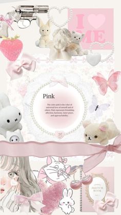 the pink wallpaper is decorated with teddy bears, hearts and other things that are on display