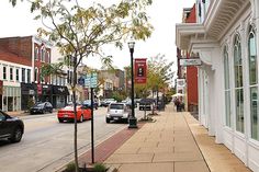 a city street with cars parked on both sides and shops along the sidewalk in front