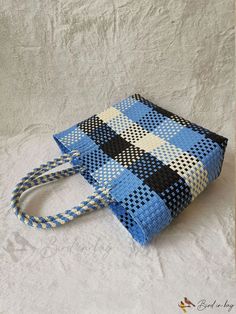 Bird in Bag - Blue and Black Plaid Woven Shoulder Bag - Stylish and Functional for Shopping, Travel, and More. Light Blue Rectangular Bag, Blue Square Bag With Large Capacity, Blue Square Bags With Large Capacity, Large Capacity Blue Square Bag, Blue Square Shoulder Bag For Everyday Use, Blue Rectangular Shoulder Bag With Large Capacity, Large Capacity Blue Rectangular Shoulder Bag, Blue Square Shopping Bag, Blue Handmade Square Bag