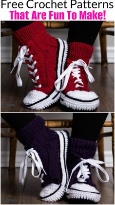 two pictures of someone's feet wearing red and black converse sneakers with white laces