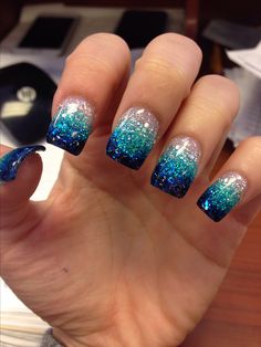 Blue teal glitter faded nails Glitter Fade Nails, Faded Nails, Teal Nails, Ombre Acrylic Nails, Welcome Summer, Cute Nail, Ombre Nail Designs