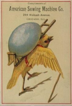 an american sewing machine co postcard with a bird carrying an egg on it's back