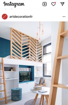 a living room with ladders and a tv